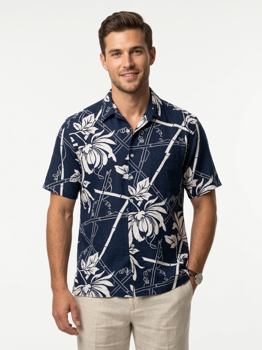 Tori Richard Navy and White Floral Bamboo Camp Shirt